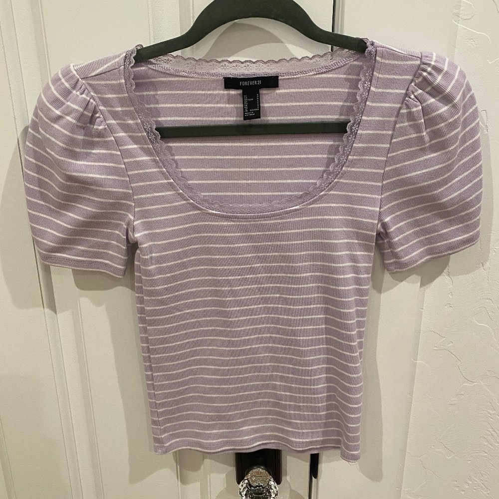 Forever 21 Purple Striped Puff Sleeve Shirt